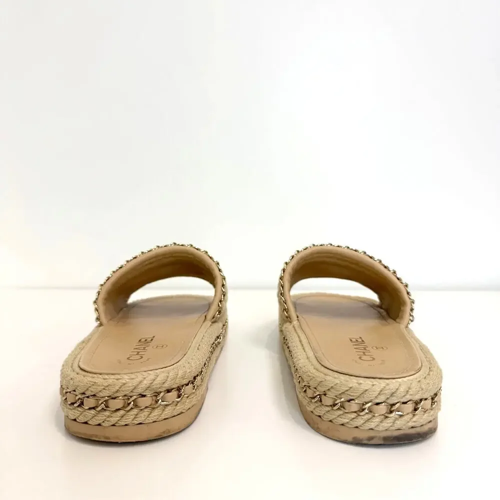 CHANEL Braided Rope Slide Sandals Gold 19 Metal Leather Chain Accents 40 Shoes